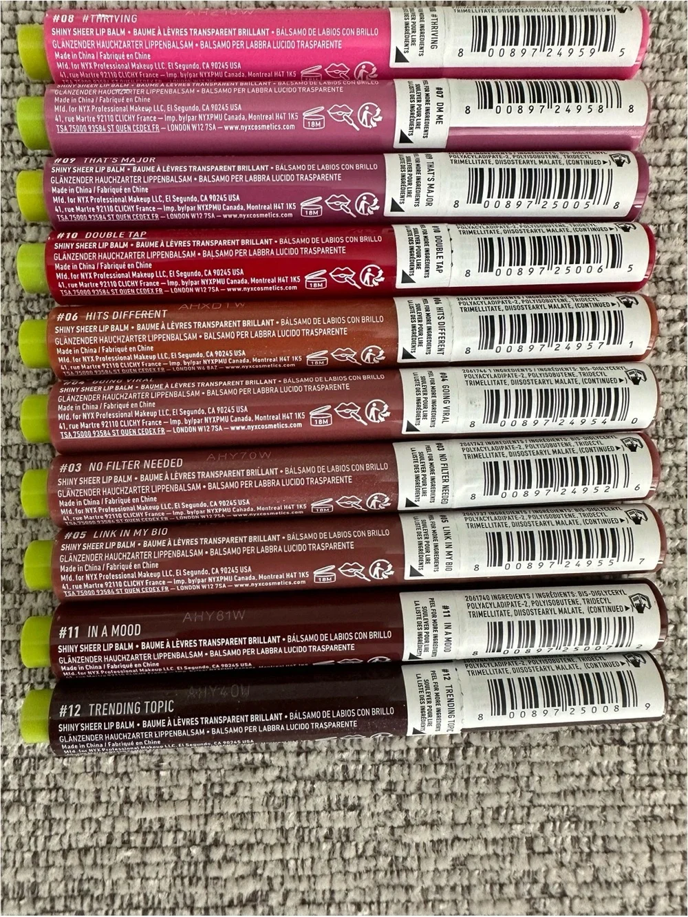 BRAND NEW NYX Makeup Fat Oil Slick Click Shiny Lip Balm Set of 10 Shades